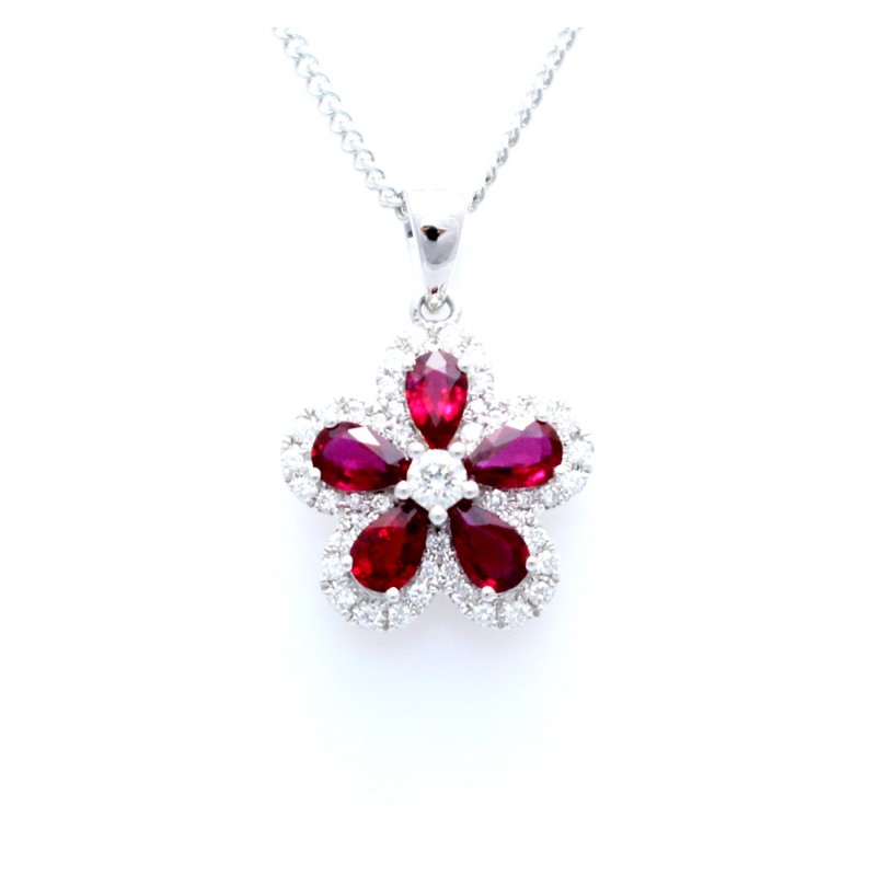 ruby and diamond pendant floral 18ct white gold