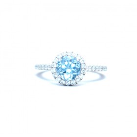 Aquamarine and diamond halo ring