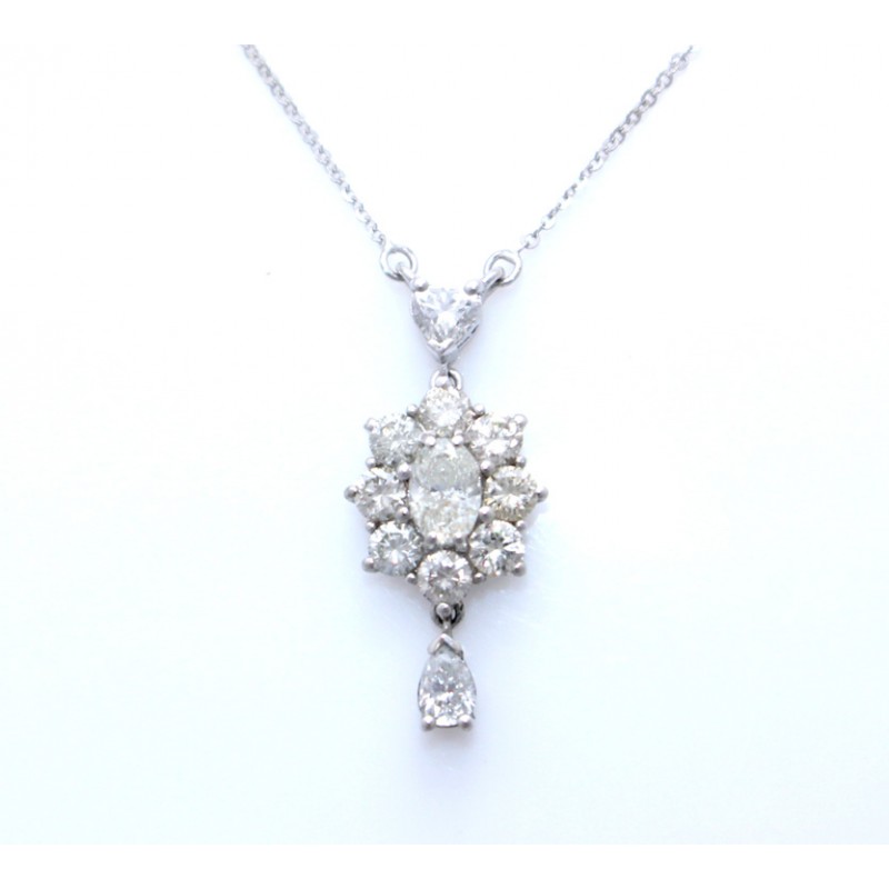 14K White Gold Diamond Halo Cluster Necklace