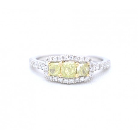 Yellow diamond three stone halo ring