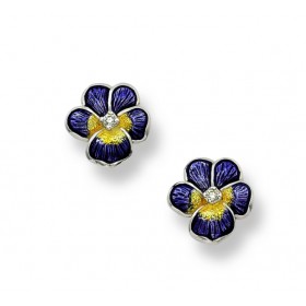 Purple Pansy Post Earrings. Sterling Silver-White Sapphires